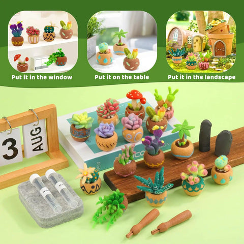 Beginner Needle Felting Kit With Succulent Designs, 15 Piece Set Including Wool Roving, Foam Mat, Felting Needles And Wooden Handle, Finger Cots, Clear Instructions For DIY Projects; colorful felt succulents displayed on table.