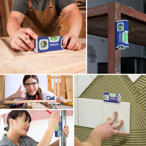 Hustle Ready Mini Magnetic Pocket Level Featuring High Visibility Bubbles And Precision Convex Lens For Dead On Readings Crafted From Rugged Aluminum Alloy In Sharp Cobalt Blue A Real Deal Shop Floor Staple Contractors Love on various job sites.