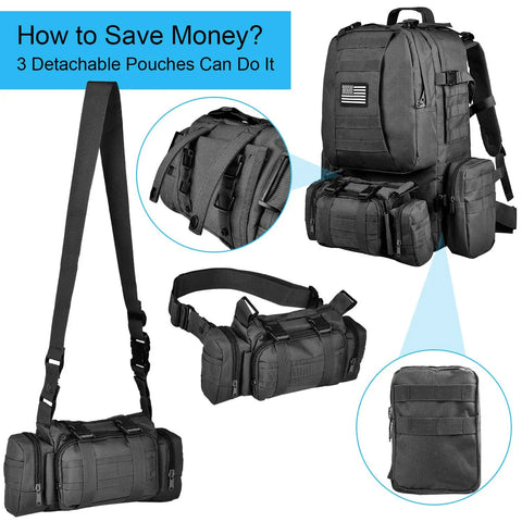 60L Tactical Backpack Rucksack For Outdoors Military Style Assault Pack With Detachable Front Bag And MOLLE System displayed
