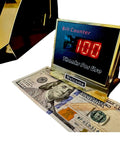 Gold Money Counter With UV MG IR Counterfeit Detection And External LED Display Portable Cash Counter For Small Biz 1000 Bills Per Minute Ideal For Retail Cashier Setups showing bills counted.