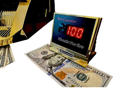 Gold Money Counter With UV MG IR Counterfeit Detection And External LED Display Portable Cash Counter For Small Biz 1000 Bills Per Minute Ideal For Retail Cashier Setups showing bills counted.