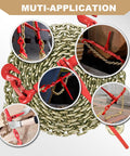 Heavy Duty Chain And Binder Set Three Eighths To One Half Inch G80 Transport Chain Ten Feet Four Pack with Ratchet Load Binders Nine Thousand Two Hundred Lbs WLL for Trucking Trailers and Industrial Agricultural Traction Applications, close-up of chain and binder in diverse applications.