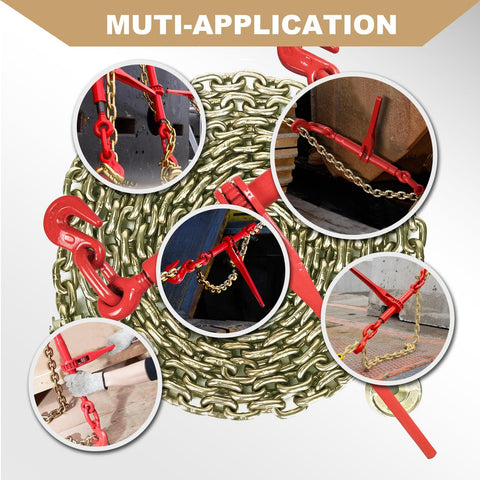 Heavy Duty Chain And Binder Set Three Eighths To One Half Inch G80 Transport Chain Ten Feet Four Pack with Ratchet Load Binders Nine Thousand Two Hundred Lbs WLL for Trucking Trailers and Industrial Agricultural Traction Applications, close-up of chain and binder in diverse applications.