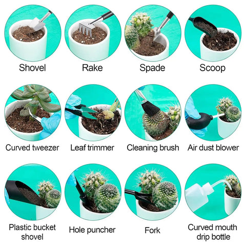 Beginner Friendly Gardening Tools Kit For Women, 20 Piece Indoor Succulent And Bonsai Care Set with various tools on green background.