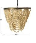 Two Tier Draped Wood Bead Chandelier in Gold Washed Metal with Ivory Beads, 10 ft Cord and 6 ft Chain, Modern Rustic Ceiling Light