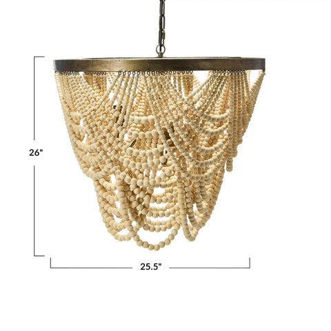 Two Tier Draped Wood Bead Chandelier in Gold Washed Metal with Ivory Beads, 10 ft Cord and 6 ft Chain, Modern Rustic Ceiling Light
