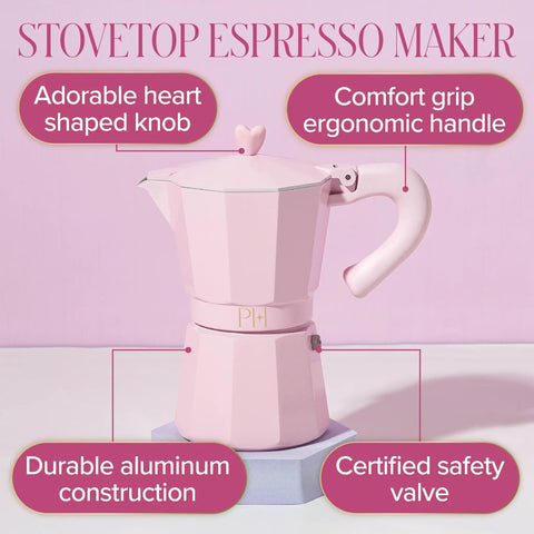 Pink Stovetop Espresso Maker 6 Cup Moka Pot With Heart Knob For Rich Aromatic Espresso At Home Italian And Cuban Style Coffee Pot Great For Coffee Lovers, featuring a heart-shaped knob and ergonomic handle.