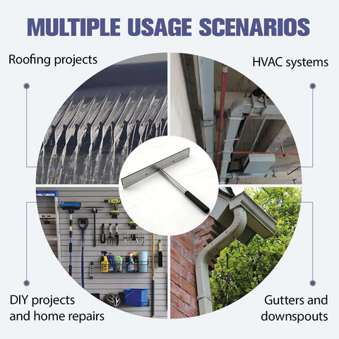 Diagram showing usage of Pro Grade 15.25 Inch Sheet Metal Bender Folding Tool for roofing, HVAC systems, gutters, and DIY projects.