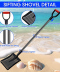 Heavy Duty Metal Sand Sifter Shovel With Long Detachable Aluminum Handle Workhorse 53 Point 5 Inch Long Beach Sand Cleanup Tool Ergonomic D Grip showing ergonomic handle and sifting holes on beach