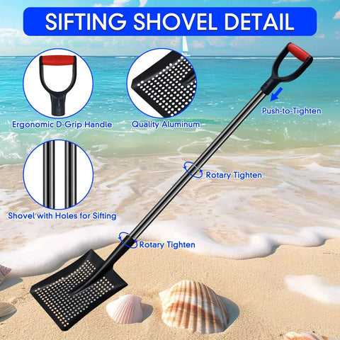 Heavy Duty Metal Sand Sifter Shovel With Long Detachable Aluminum Handle Workhorse 53 Point 5 Inch Long Beach Sand Cleanup Tool Ergonomic D Grip showing ergonomic handle and sifting holes on beach