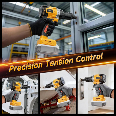 Cordless Rivet Nut Gun Kit With Auto Mode And Memory, 2030 Lbs Pulling Force shown in metal fabrication use