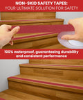Person applying Black Non Slip Tape 3 Inch Wide By 60 Feet Long Anti Slip Traction Tape With 60 Grit For Indoor And Outdoor Use 32 Mil Thick No Slip Grip For Stairs Floors And High Traffic Areas to wooden stairs, showcasing 100% waterproof feature.