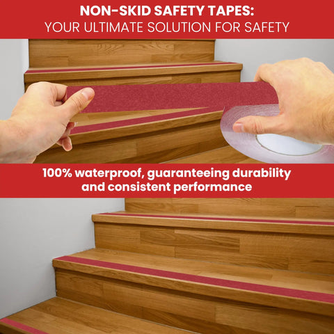 Person applying Black Non Slip Tape 3 Inch Wide By 60 Feet Long Anti Slip Traction Tape With 60 Grit For Indoor And Outdoor Use 32 Mil Thick No Slip Grip For Stairs Floors And High Traffic Areas to wooden stairs, showcasing 100% waterproof feature.