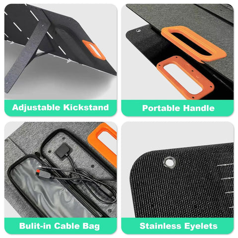 1000W Portable Power Station with Solar Panel 1024Wh Capacity showing kickstand, handle, cable bag, and eyelets features
