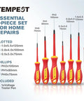 Top Shelf 7 Piece Insulated Screwdriver Set With 1000V Voltage Tester featuring slotted and Phillips screwdrivers for home repairs.