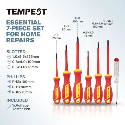 Top Shelf 7 Piece Insulated Screwdriver Set With 1000V Voltage Tester featuring slotted and Phillips screwdrivers for home repairs.