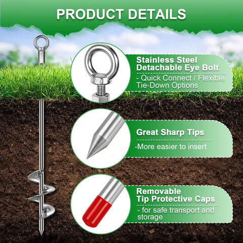 Heavy Duty Shed Anchor Kit 30 Inch Ground Anchors Screw In with T Handle and Drill Bit Adapter, chrome plated details