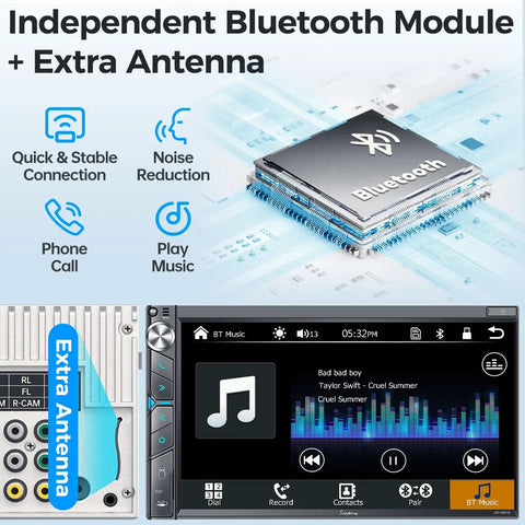 Dope Double Din Car Stereo With Dash Cam And Wireless Apple CarPlay Android Auto 7 Inch Touchscreen showing Bluetooth module