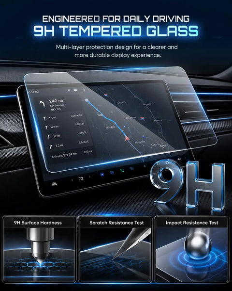 Top Shelf Matte Tempered Glass Screen Protector For 15.6 Inch Dashboard Display tailored fit for 2017 to 2023 Tesla Model 3 and Model Y showing 9H hardness.