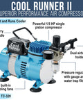 Airbrush Kit With Pro Grade High Performance Air Compressor TC-320 1/5 HP Cool Runner II Dual Fan Regulator Water Trap Holder