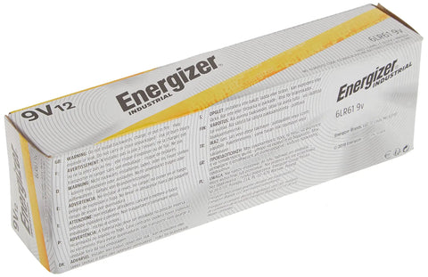 Heavy Duty Industrial 9 Volt Alkaline Batteries Pack Of 12, sealed packaging displaying product details and warning information.