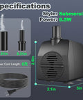 Submersible pump specifications, 9.5W power, 6ft cord, dimensions 3.2in x 2.1in x 3in, nozzle sizes 0.51in and 0.31in