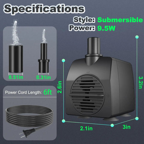 Submersible pump specifications, 9.5W power, 6ft cord, dimensions 3.2in x 2.1in x 3in, nozzle sizes 0.51in and 0.31in