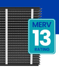 213CBN Replacement Filter For Whole House Air Purifiers MERV 13 With Carbon Odor Reduction Odor Free Healthy Home Allergy Relief 20x25x4 Air Filter Pack Of 1 close-up detail with MERV 13 rating badge, black pleated filter design
