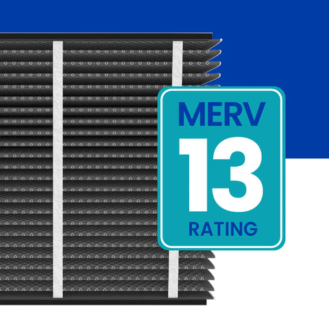 213CBN Replacement Filter For Whole House Air Purifiers MERV 13 With Carbon Odor Reduction Odor Free Healthy Home Allergy Relief 20x25x4 Air Filter Pack Of 1 close-up detail with MERV 13 rating badge, black pleated filter design