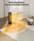 Ceramic Tower Space Heater 1500W With Oscillation Remote Control Programmable Thermostat 8 Hour Timer Eco Mode Tip Over Switch Overheat Protection Fast Heating For Cozy Living Room And Bedroom Gray shown in a living room setting demonstrating wide oscillation and heating coverage.