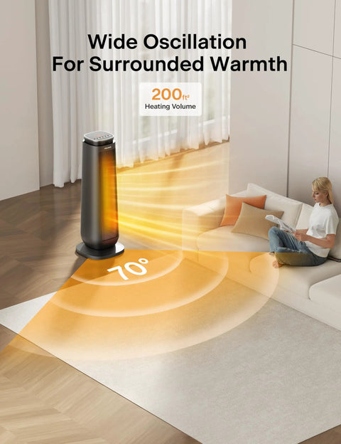 Ceramic Tower Space Heater 1500W With Oscillation Remote Control Programmable Thermostat 8 Hour Timer Eco Mode Tip Over Switch Overheat Protection Fast Heating For Cozy Living Room And Bedroom Gray shown in a living room setting demonstrating wide oscillation and heating coverage.
