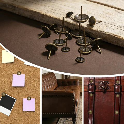 Top Shelf Upholstery Tacks For Furniture Makeovers 120 Piece Antique Bronze Hardware for sofas, displayed on brown background.
