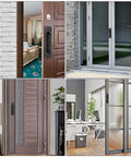 Collage of stainless steel door push plates 4 pack with screws, black finish installed on various interior and exterior doors.