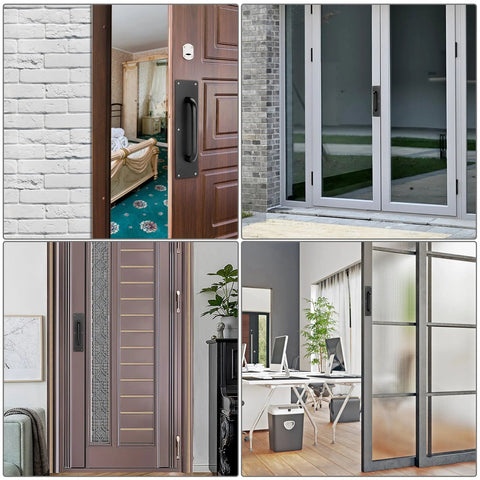Collage of stainless steel door push plates 4 pack with screws, black finish installed on various interior and exterior doors.