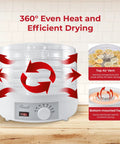Straight Up Five Tray Food Dehydrator Machine With Adjustable Temperature Dial Horizontal Heat Flow for efficient drying.
