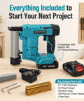 21V Brushless Cordless Electric Nail Gun Brad Nailer Tool For Baseboards And Cabinet Molding Zero Fuss Battery powered with accessories.
