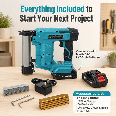 21V Brushless Cordless Electric Nail Gun Brad Nailer Tool For Baseboards And Cabinet Molding Zero Fuss Battery powered with accessories.