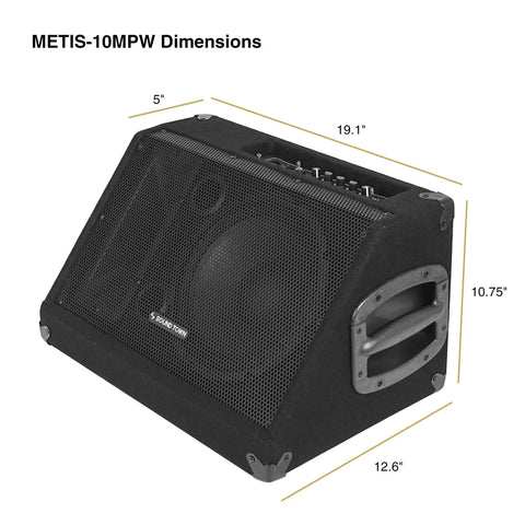 Powered 10 Inch 300W DJ PA Stage Monitor With 1 Inch Titanium Compression Driver for venues and stage monitoring, side view.