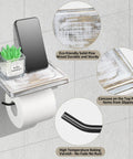 Rustic Wood Toilet Paper Holder With Shelf Easy Mount Wall Mounted Tissue Roll Holder With Black Metal Accents All In One Bathroom Organizer For Bath And Washroom Sturdy Pine Wood displayed with phone on top
