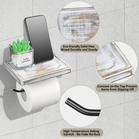 Rustic Wood Toilet Paper Holder With Shelf Easy Mount Wall Mounted Tissue Roll Holder With Black Metal Accents All In One Bathroom Organizer For Bath And Washroom Sturdy Pine Wood displayed with phone on top