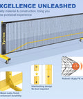 All In One Pickleball Net Set On Wheels For Driveway Or Backyard With 22 Foot Regular Size Includes 4 Paddles 6 Balls 12 Court Markers And A Durable Carry Bag For Indoor Outdoor Play, featuring detailed construction highlights.