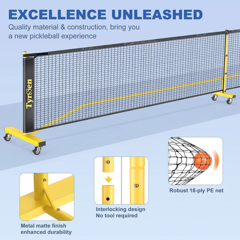 All In One Pickleball Net Set On Wheels For Driveway Or Backyard With 22 Foot Regular Size Includes 4 Paddles 6 Balls 12 Court Markers And A Durable Carry Bag For Indoor Outdoor Play, featuring detailed construction highlights.