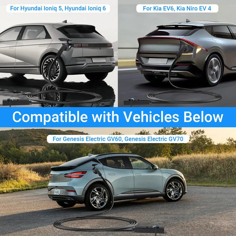 Road Ready Type One J1772 V2L Adapter For Hyundai Kia Genesis EVs With Sixteen Foot Cord Plug And Play connected to EVs.