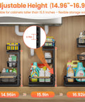 Under Sink Organizer Set, 2 Pack 3 Tier Pull Out Shelf Organizers showing adjustable height for cabinets