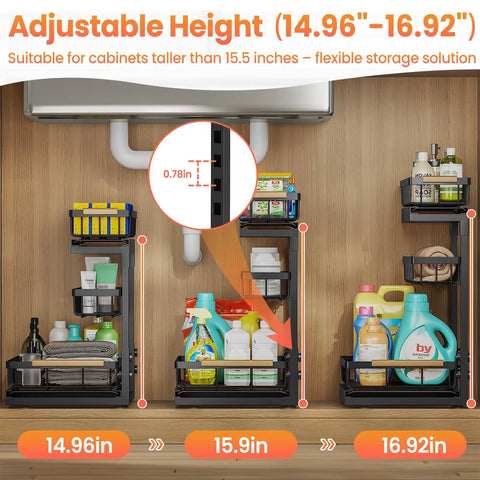 Under Sink Organizer Set, 2 Pack 3 Tier Pull Out Shelf Organizers showing adjustable height for cabinets