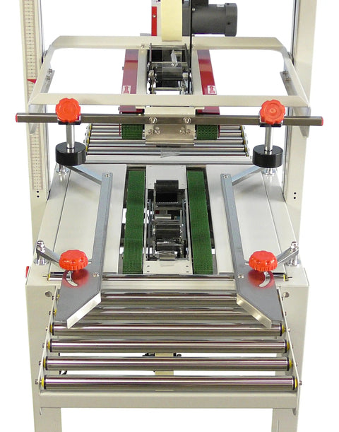 Versatile Case Sealer And Adjustable Top And Bottom Tape Dispenser Zero Stress Smooth Operator For Custom Shipping Boxes on a dual belt conveyor system.