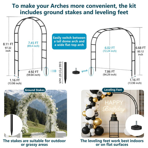 Diagram of Heavy Duty Rustproof Garden Arch Metal Trellis showing dimensions, stakes, and leveling feet for outdoor or indoor use.
