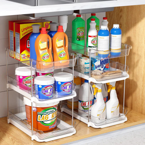 Total Game Changer Clear Three Tier Under Sink Organizer Two Pack with cleaning products in acrylic bins, adjustable design.
