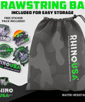 Rhino USA drawstring bag with included sticker pack featuring various outdoor designs.