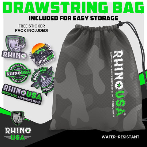 Rhino USA drawstring bag with included sticker pack featuring various outdoor designs.